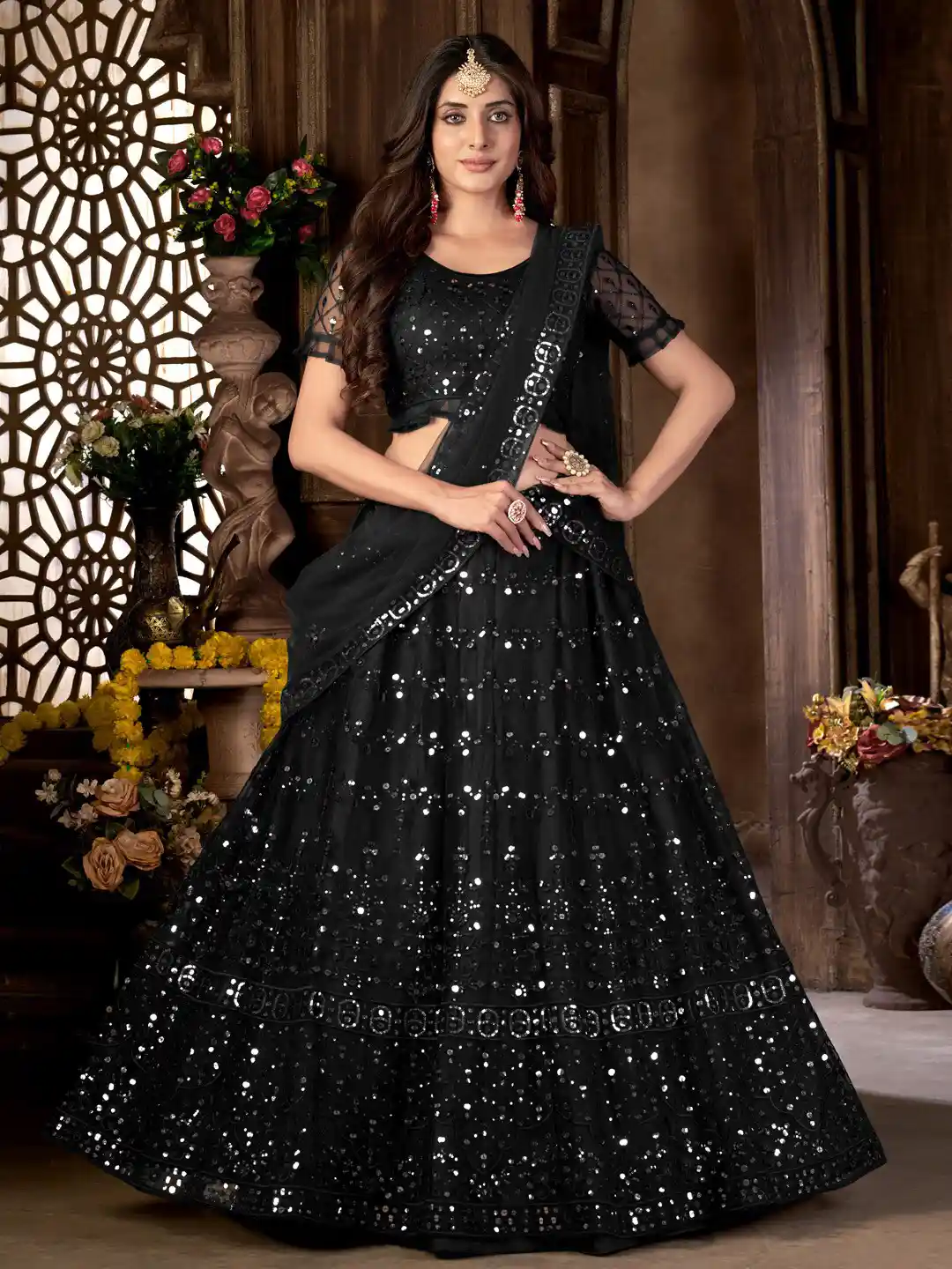 Kvsfab Black Embroidered Sequinned Semi-Stitched Lehenga Choli With Dupatta