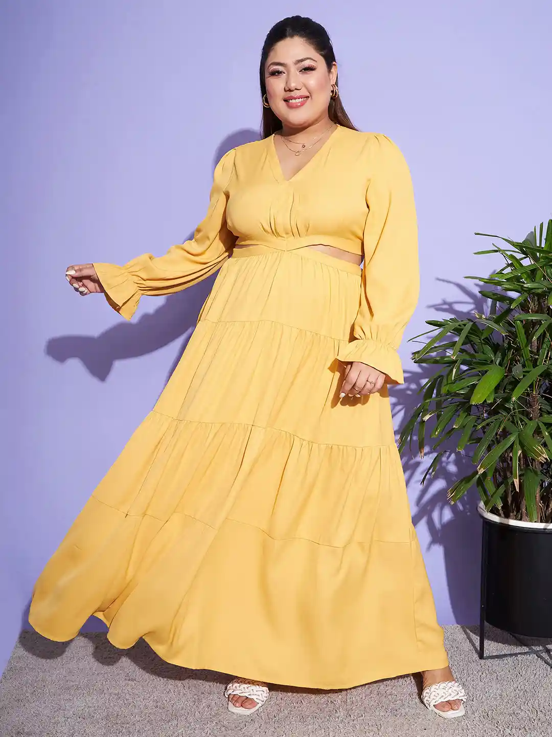 Buy SASSAFRAS Curve Mustard Yellow Plus Size Cut-Out Detail Puff