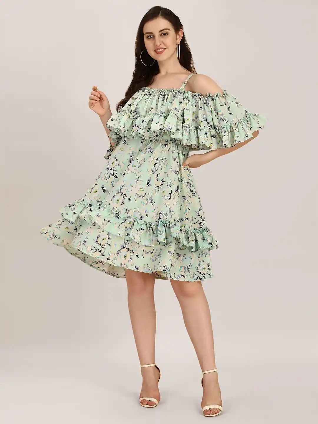 Buy Oomph! Floral Printed Cold Shoulder Ruffled A-line Dress