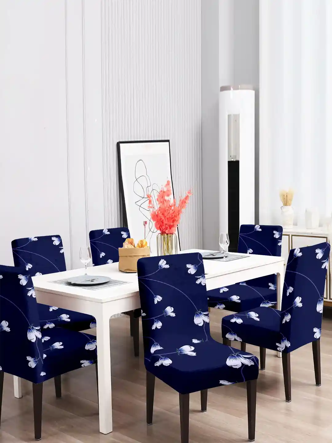 Buy Cortina Blue White 6-Pieces Floral Printed Stretchable Chair