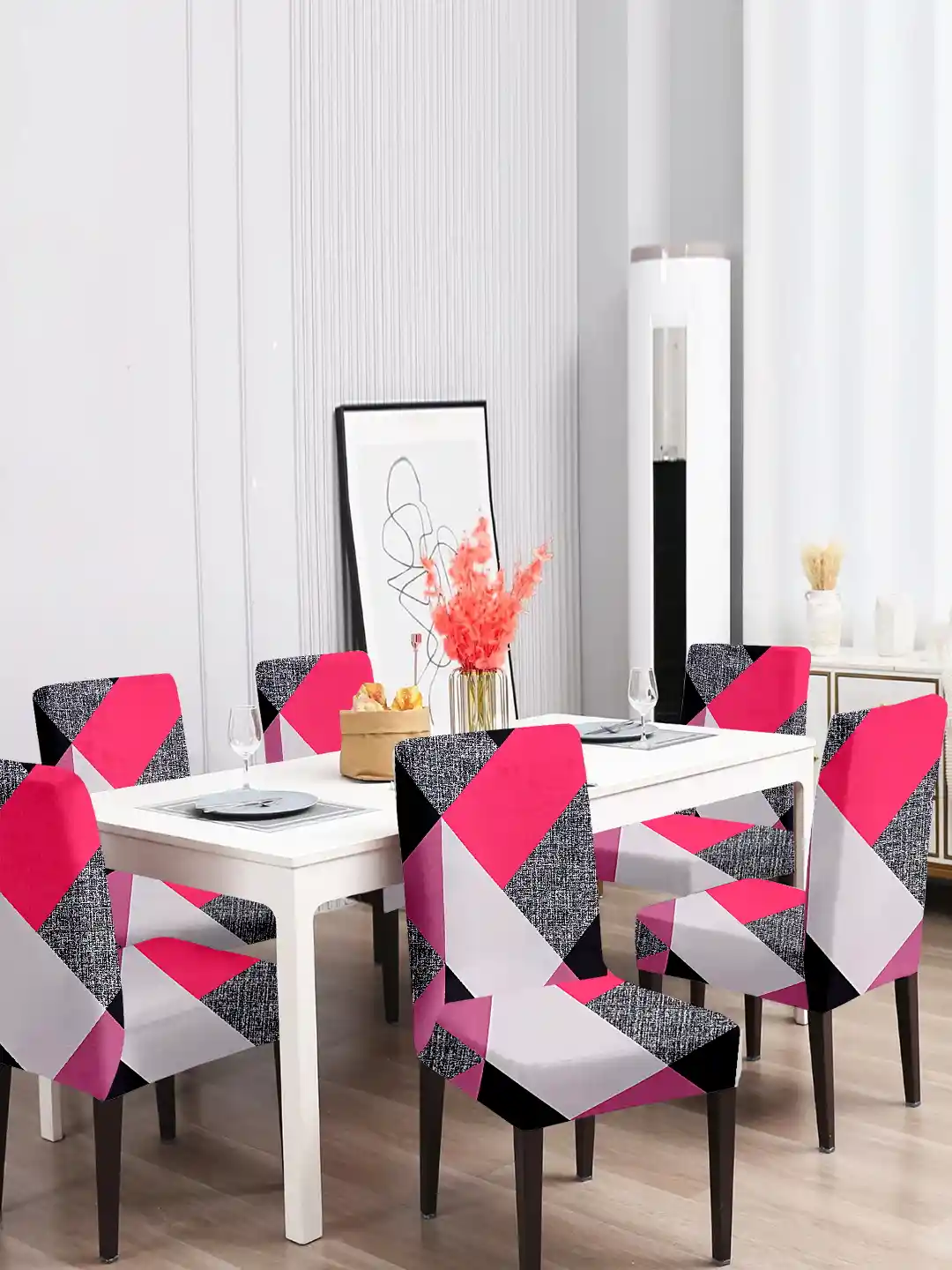 Cortina Pink White Pieces Geometric Printed Super Stretchable Dining  Chair Covers