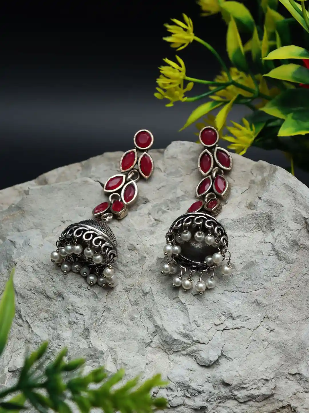 Ozanoo Silver Plated Stone Studded Oxidised Jhumkas Earrings