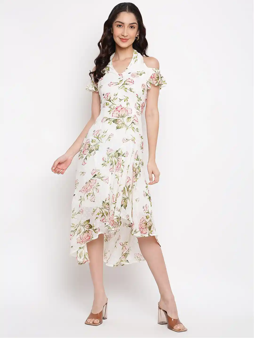 Buy Latin Quarters Floral Print Cold-Shoulder Midi Dress Dresses