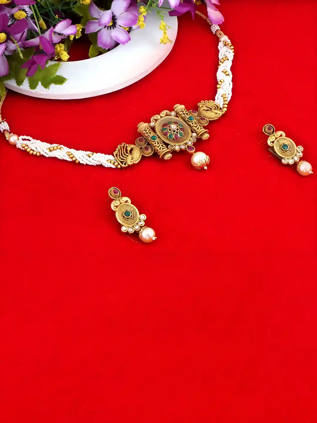 Buy MANSIYAORANGE Gold-Plated Stone Studded Beaded Temple Theme