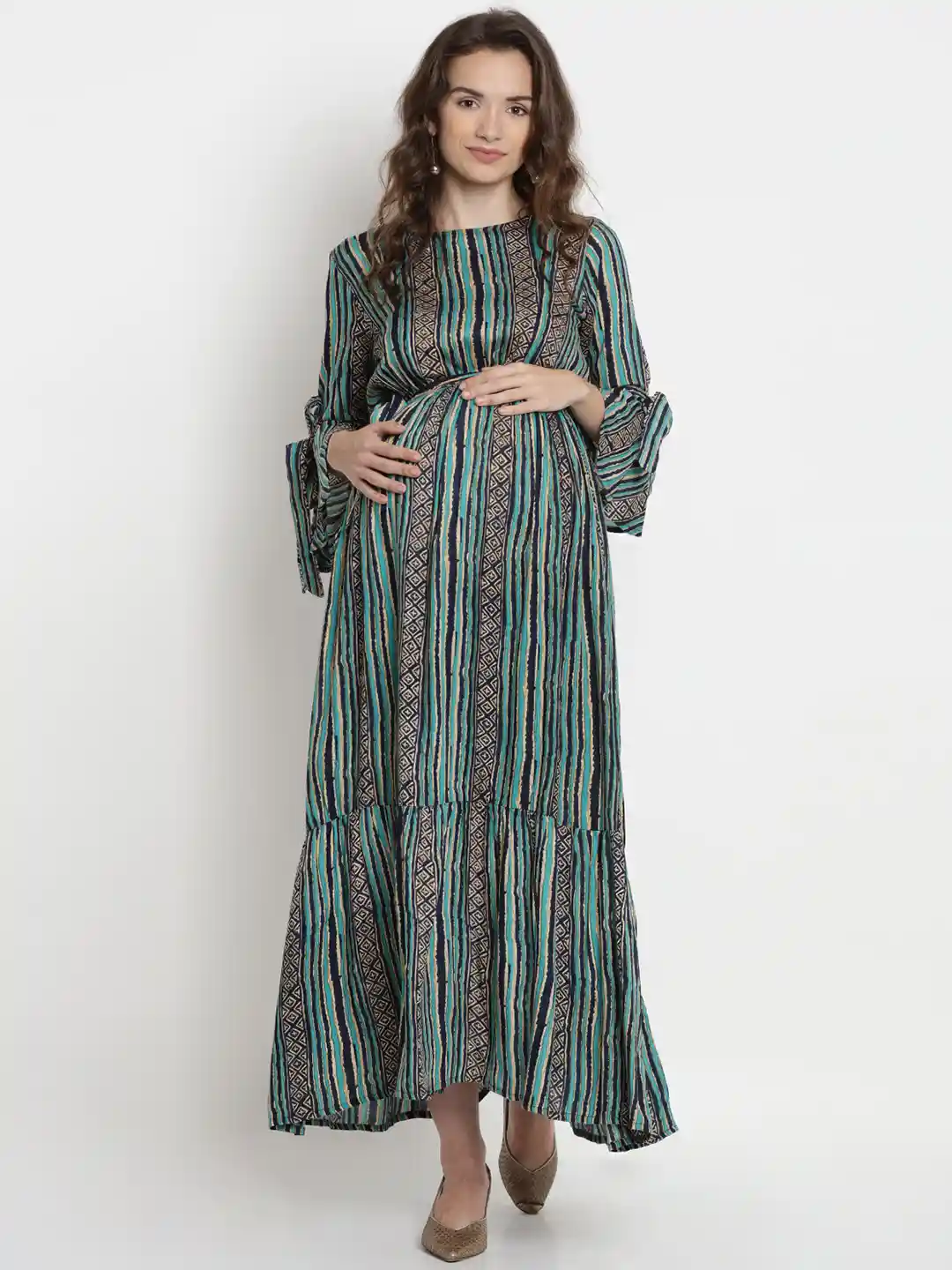 Mine4Nine Ethnic Motifs Print Bell Sleeve Maxi Maternity Dress - Main Image