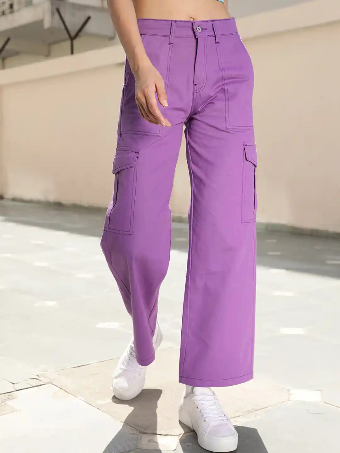 Buy STREET Women Purple Relaxed High-Rise Cotton Cargo Trousers
