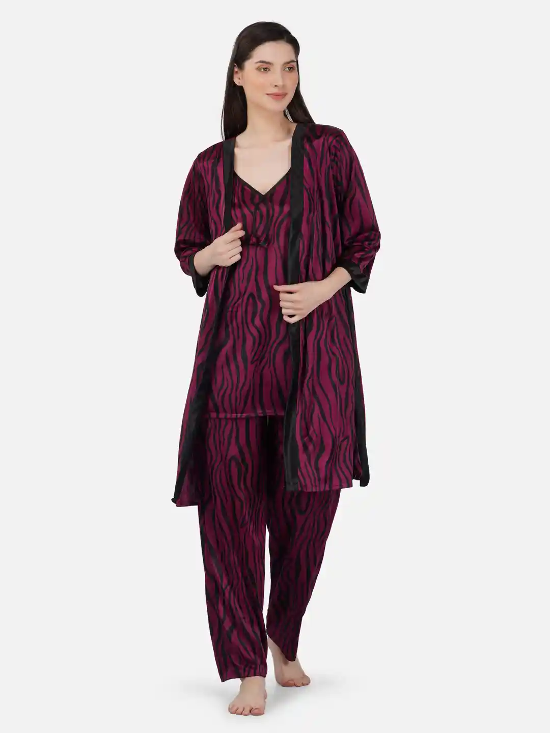 Buy Romaisa Pieces Abstract Printed Satin Night Suit With Robe