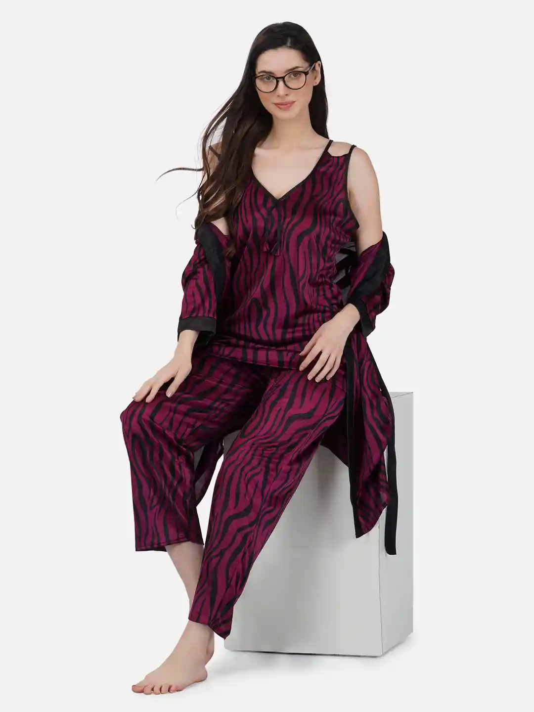 Buy Romaisa Pieces Abstract Printed Satin Night Suit With Robe