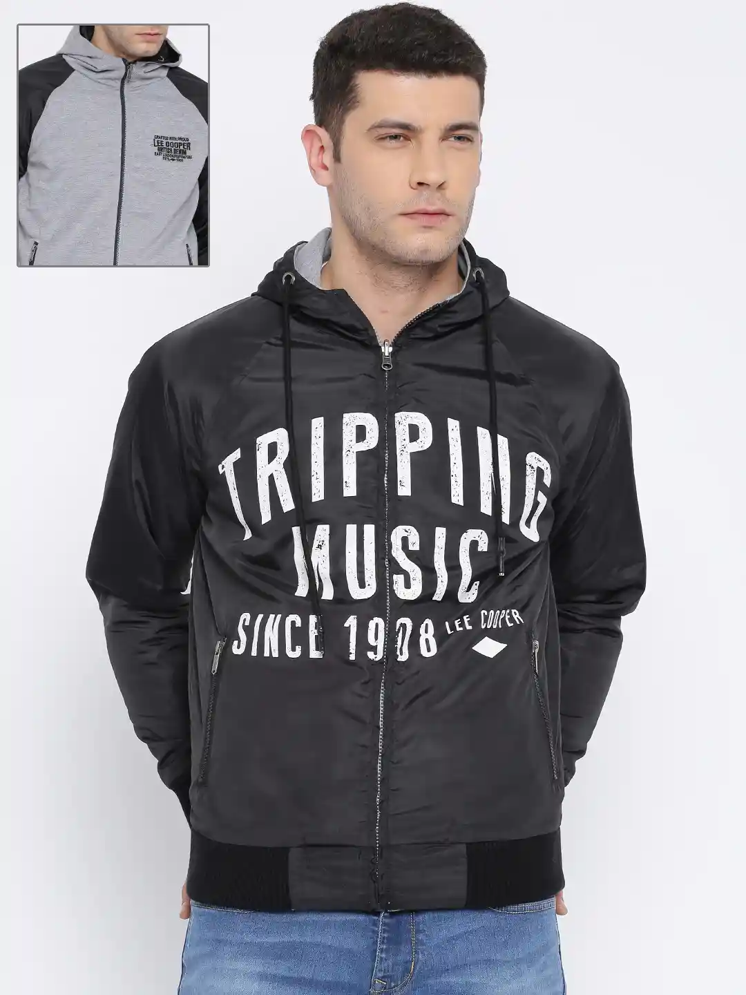 Buy Lee Cooper Men Charcoal Printed Reversible Hooded Sweatshirt