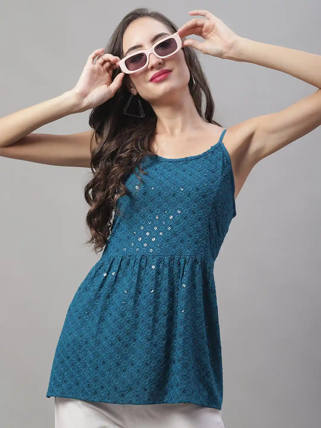 Buy JAINISH Sequen Work Chikankari Peplum Top Tops for Women