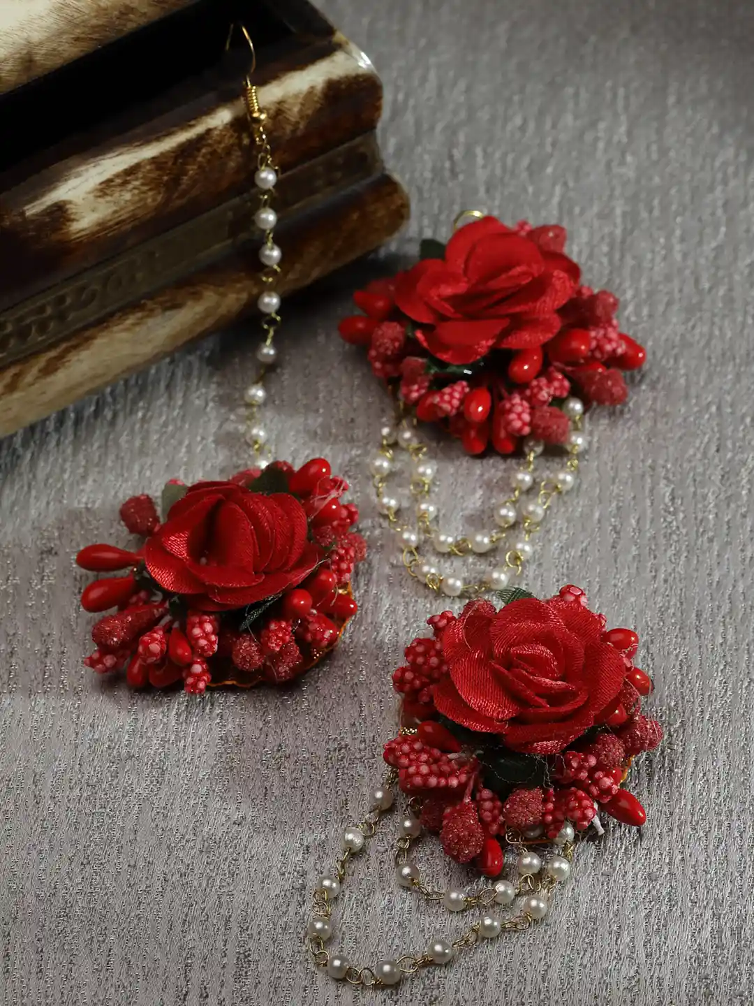 ZENEME Red Rose White Beads Gota Patti Maang Tikka With Earring Bridal set