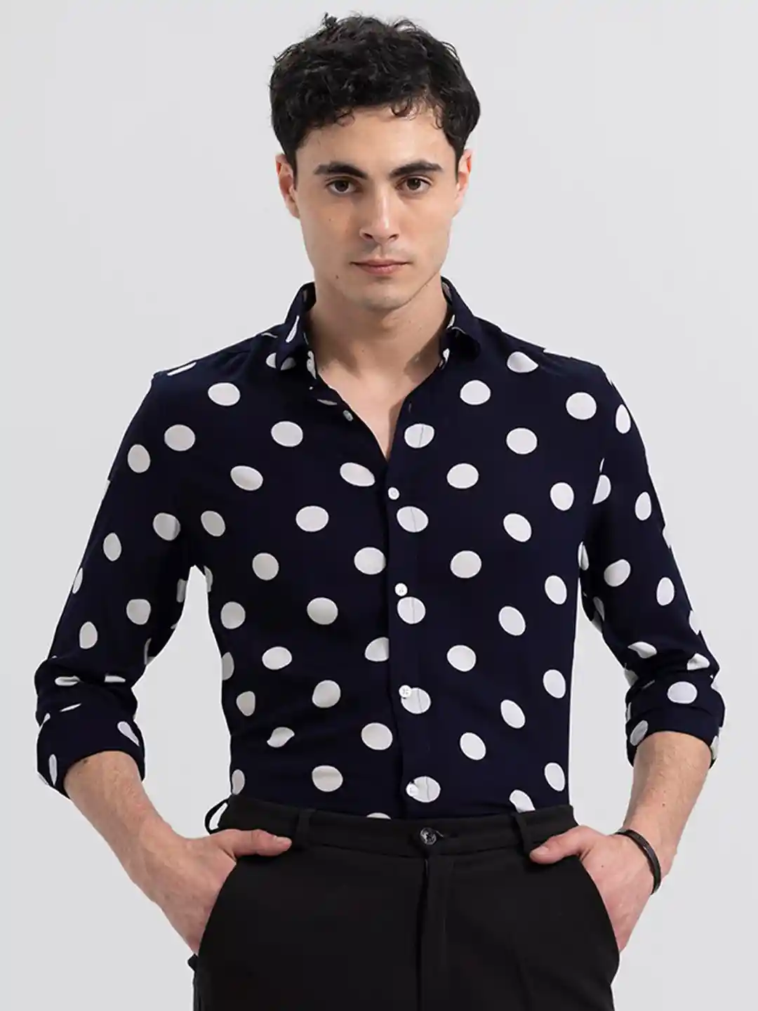 Snitch Navy Blue White Slim Fit Polka Dot Printed Casual Shirt
