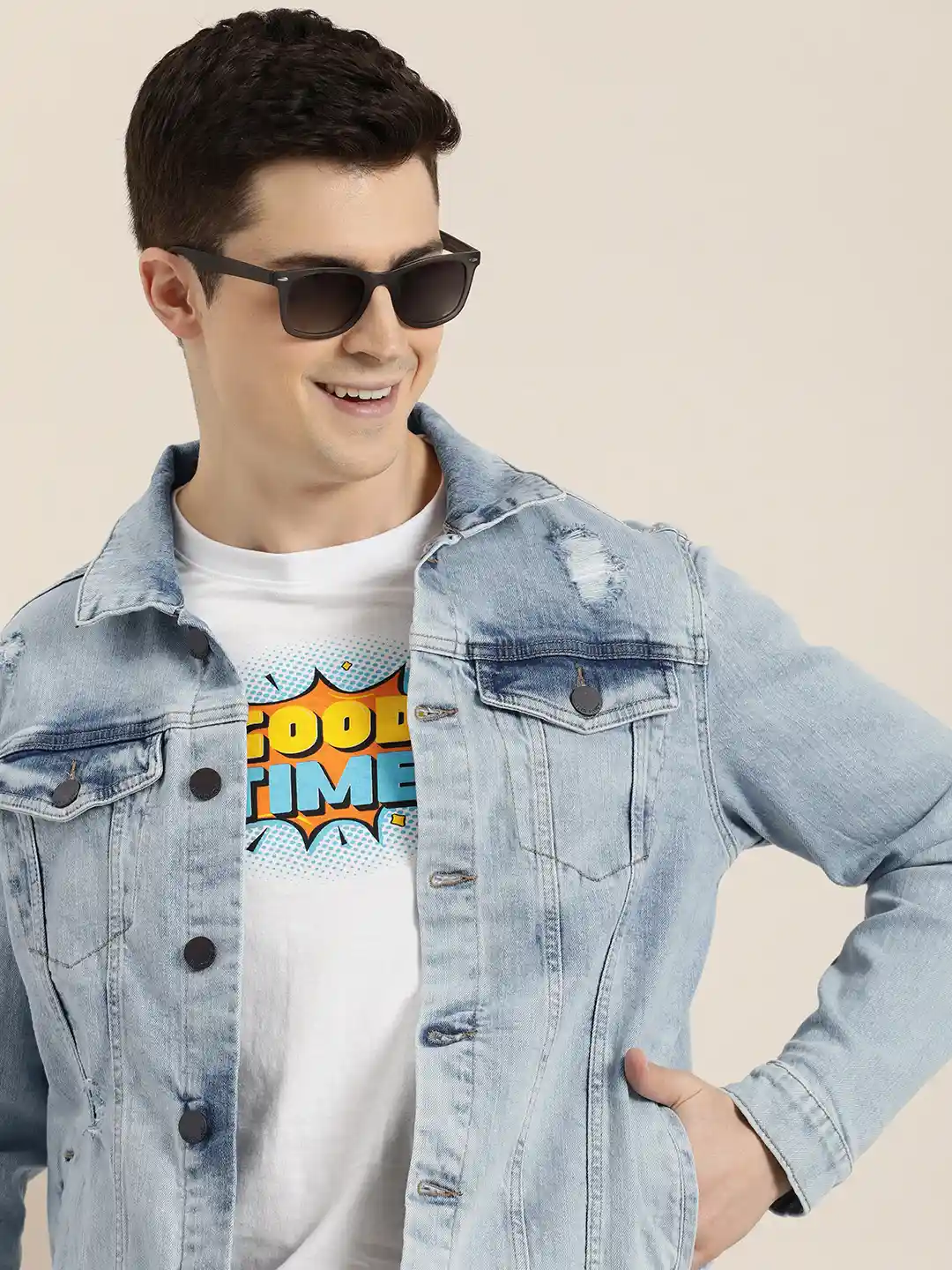 Buy HERE&NOW Solid Spread-Collar Ripped Denim Jacket Jackets for