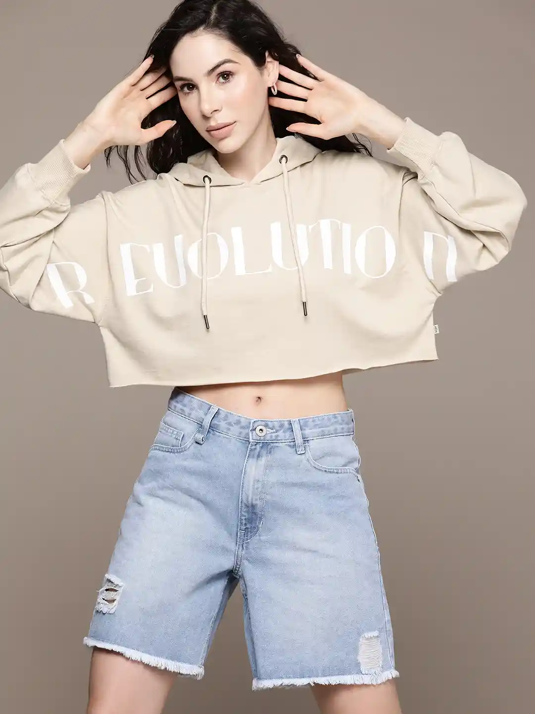 White Crop Top Sweatshirt For Girls White V-Neck Faux Fur Crop