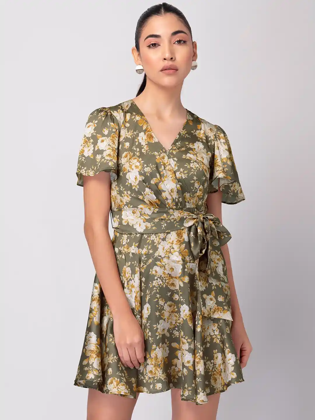 Buy FabAlley Olive Green Floral Printed Flared Sleeves Satin Fit