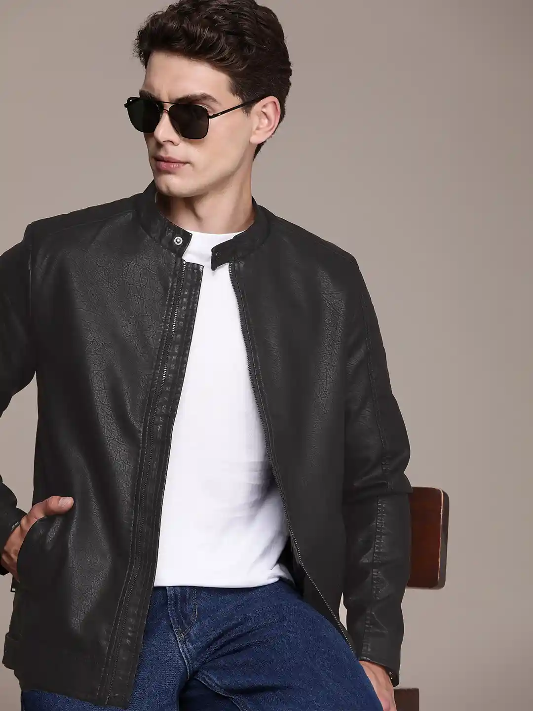 French Connection Solid Stand-Collar Leather Jacket
