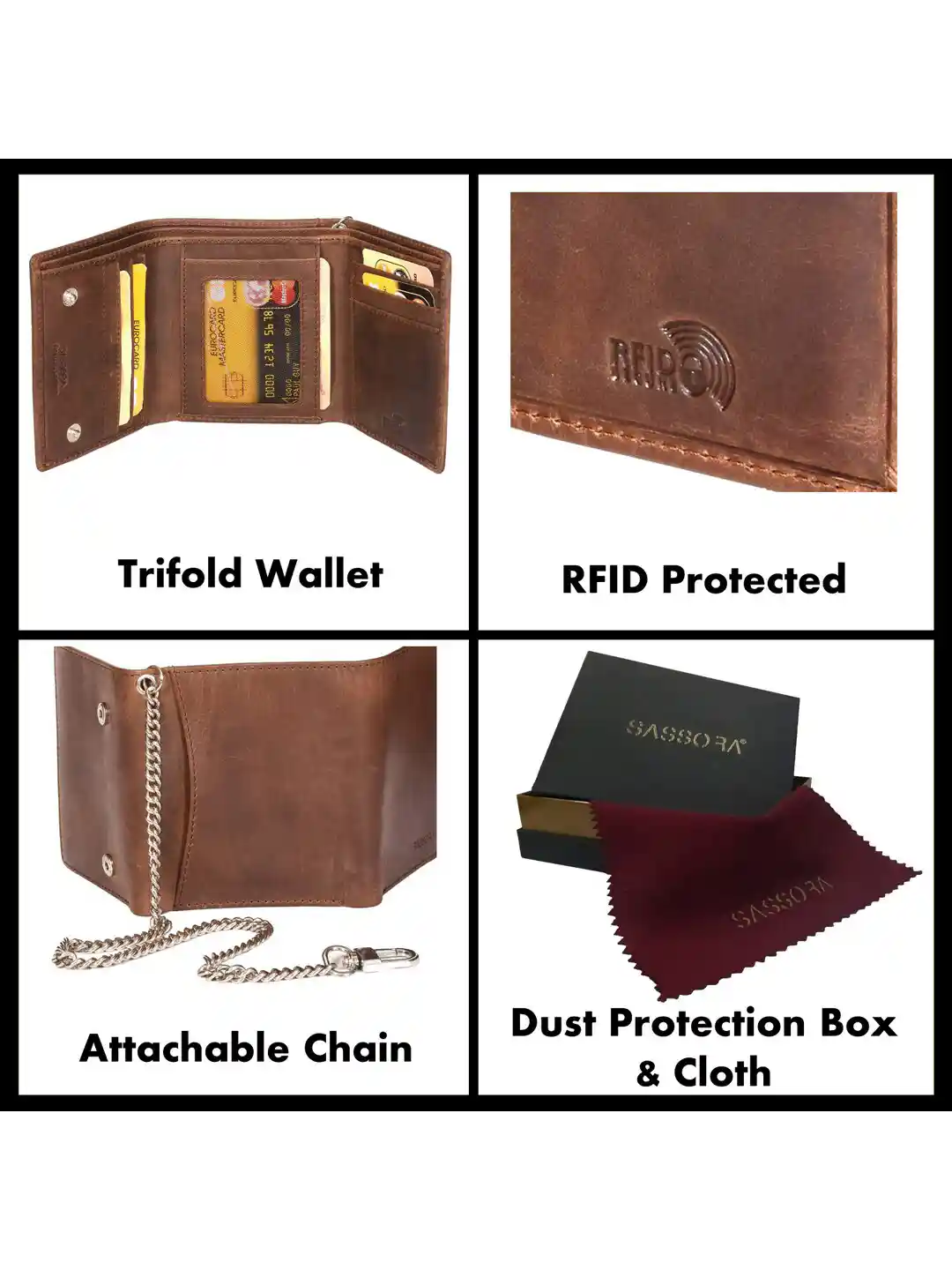 Buy Sassora Men Leather Chain Attached RFID Three Fold Wallet