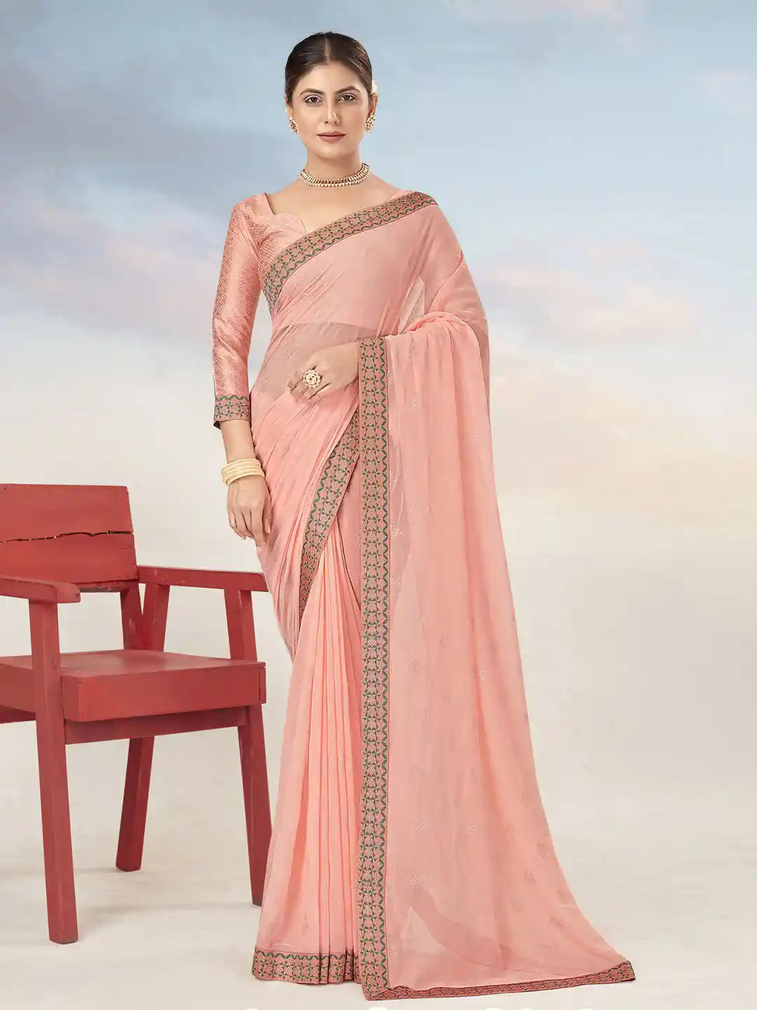Saree mall Peach-Coloured Green Ethnic Motifs Printed Poly Georgette Sarees