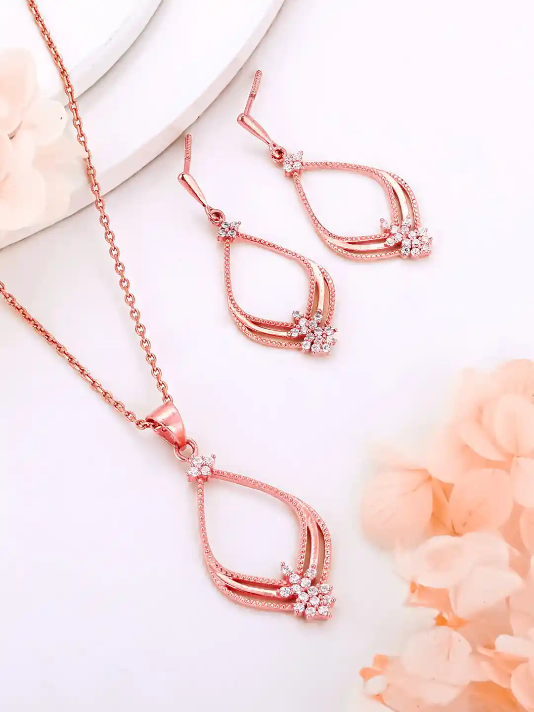 Pink Gold Rose Gold Jewellery Set Rose Gold Necklace Pink Stone