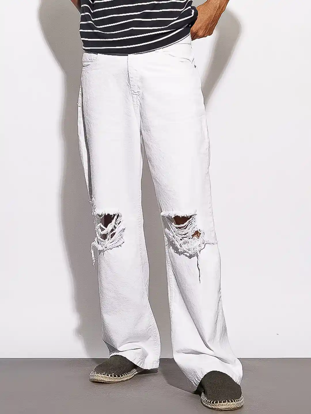 Buy FREAKINS Men White Wide Leg High-Rise Highly Distressed Pure