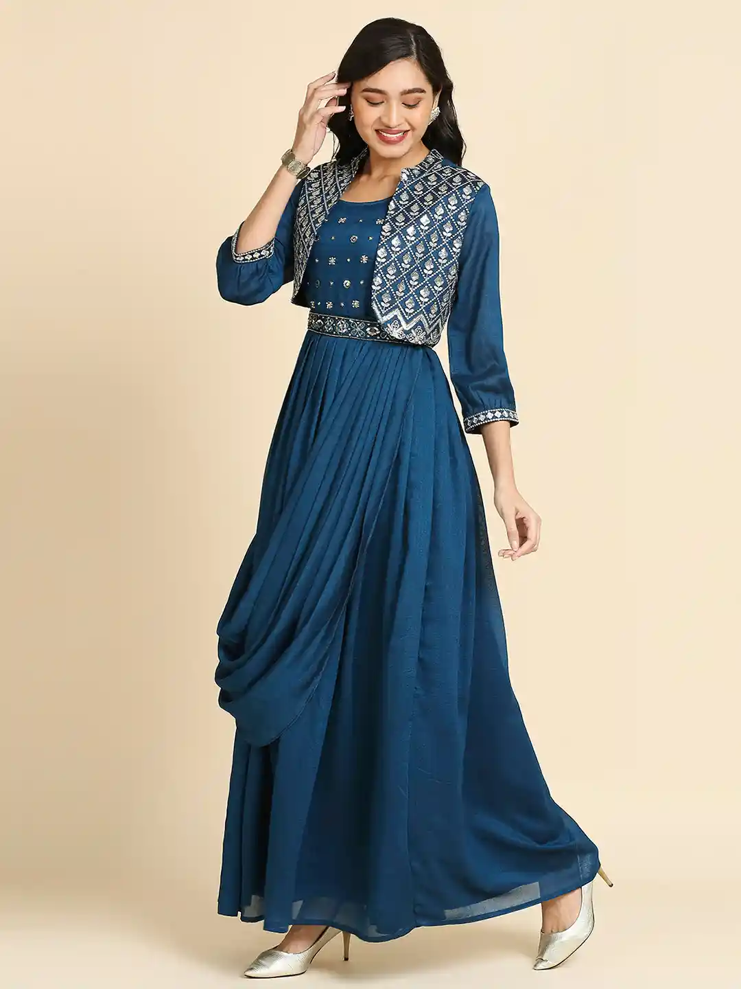 MADHURAM Embroidered Silk Satin Fit Flare Maxi ethnic Dress With Jacket  Belt