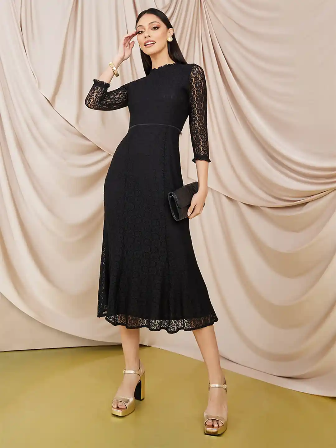 Midi Dress With Long Sleeve Black Lace Cocktail Dress Black Elegant Midi Dress With Lace Sleeves ⊶ Formal Dresses