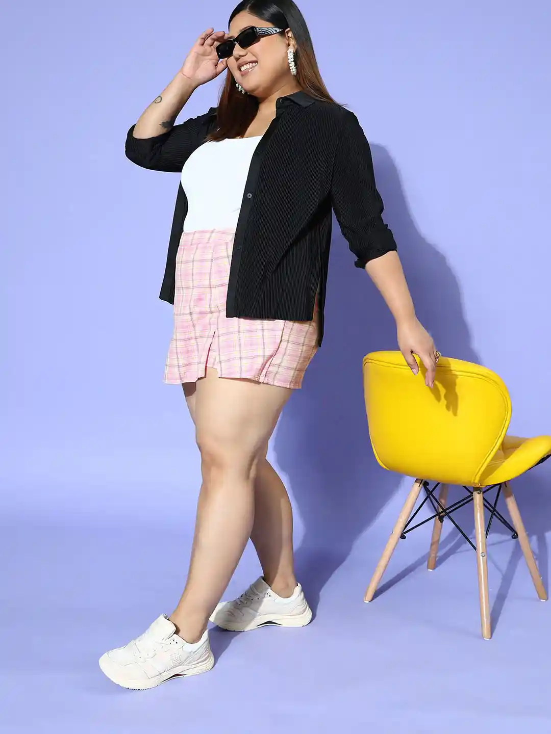 Berrylush Curve Women Plus Size Checked High-Rise Mini Skort - Main Image