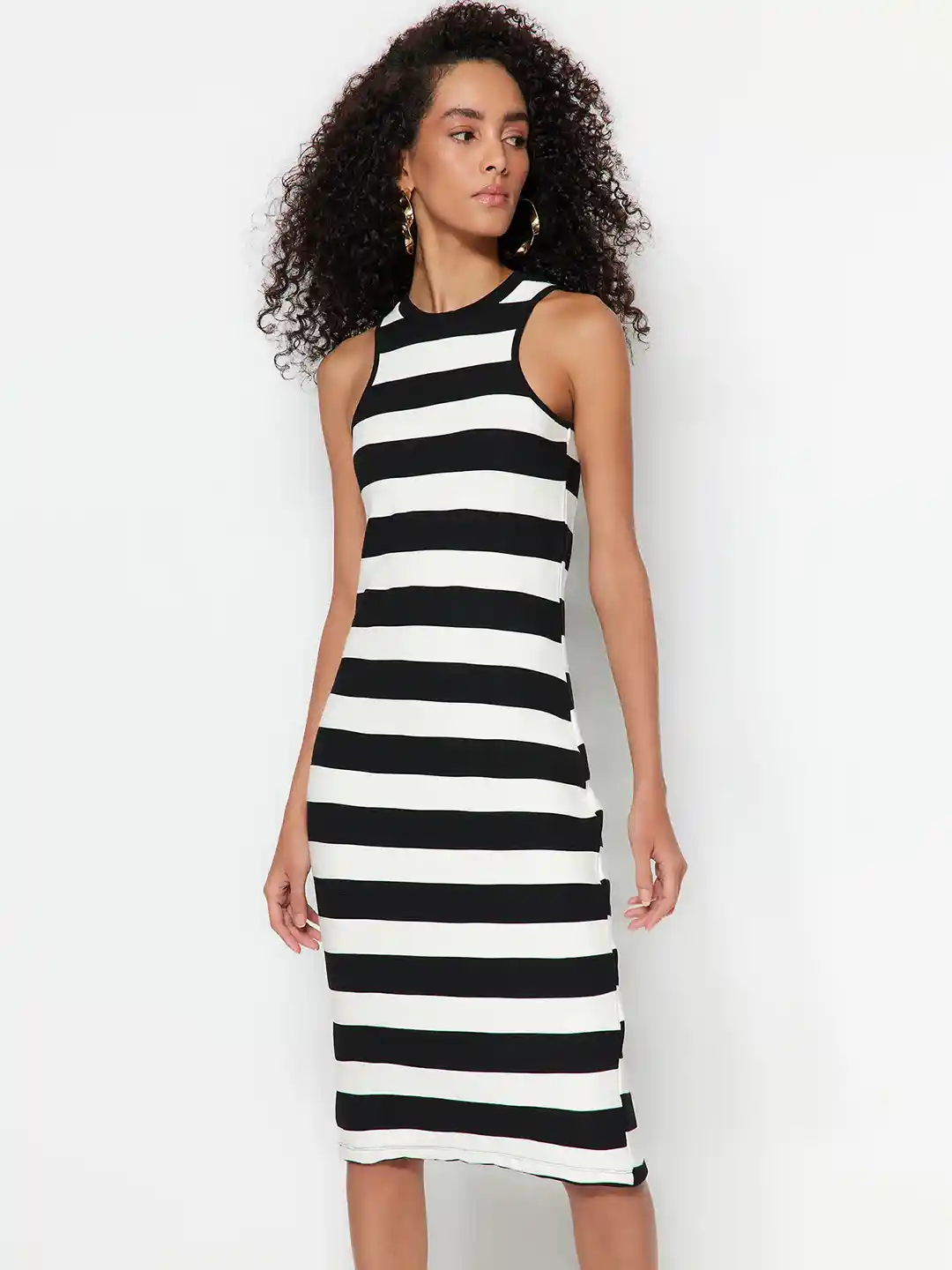 Ladies Dresses Black And White Striped Spaghetti Strap Dress