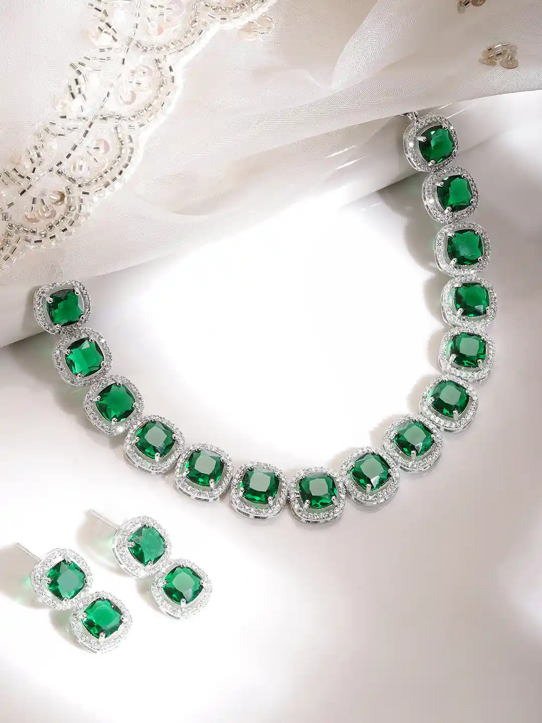 Rubans Rhodium-Plated Emerald Green Cubic Zirconia Studded Jewelry Set