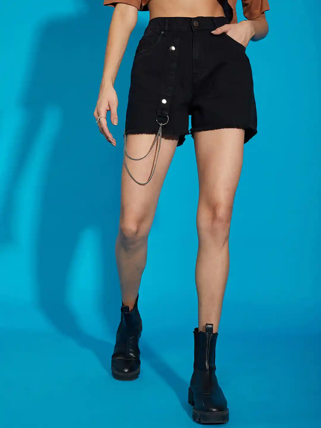 Buy SASSAFRAS Women Black Chains Detail Pure Cotton Denim Shorts