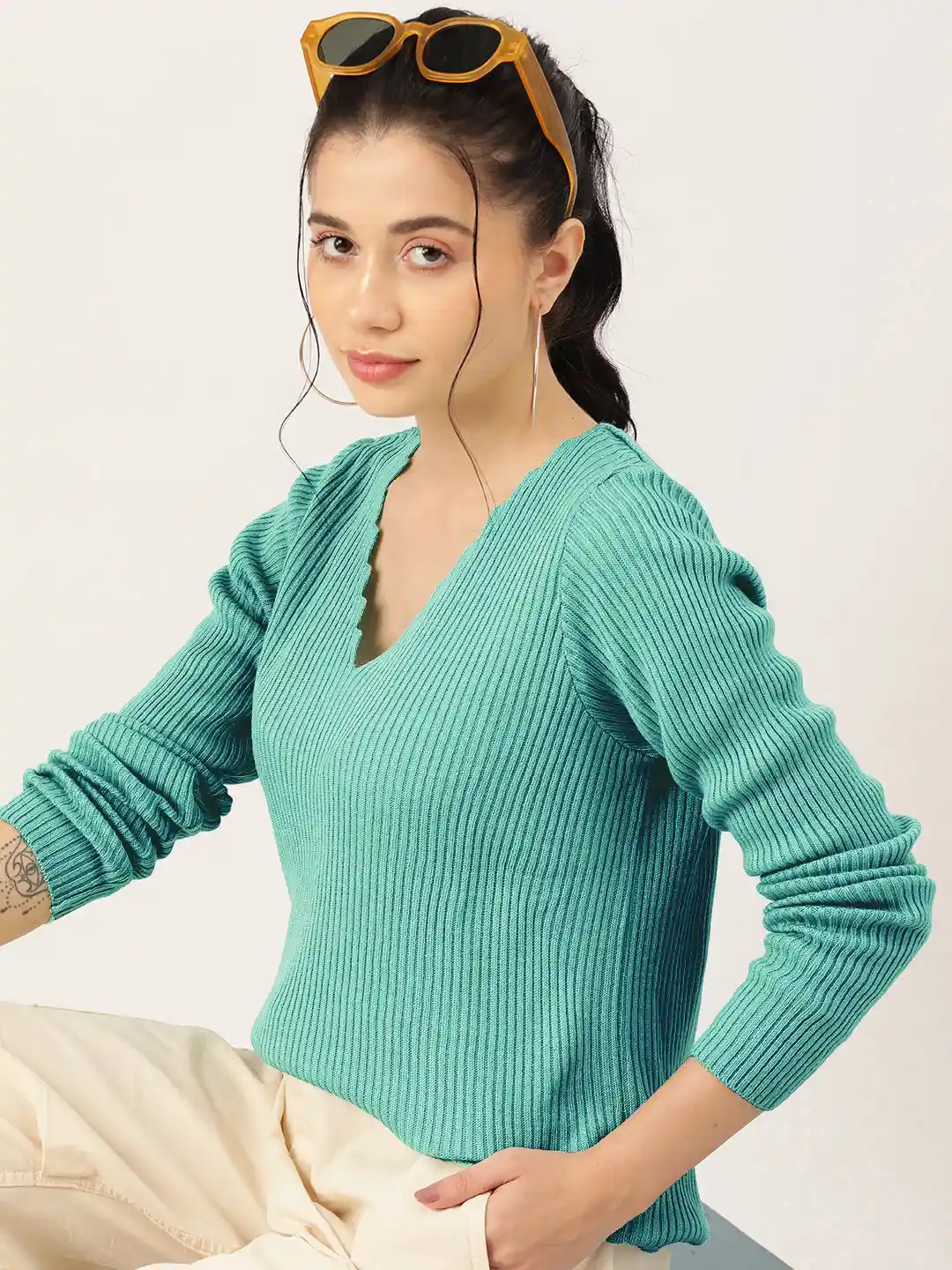 DressBerry Women V-Neck Ribbed Pullover