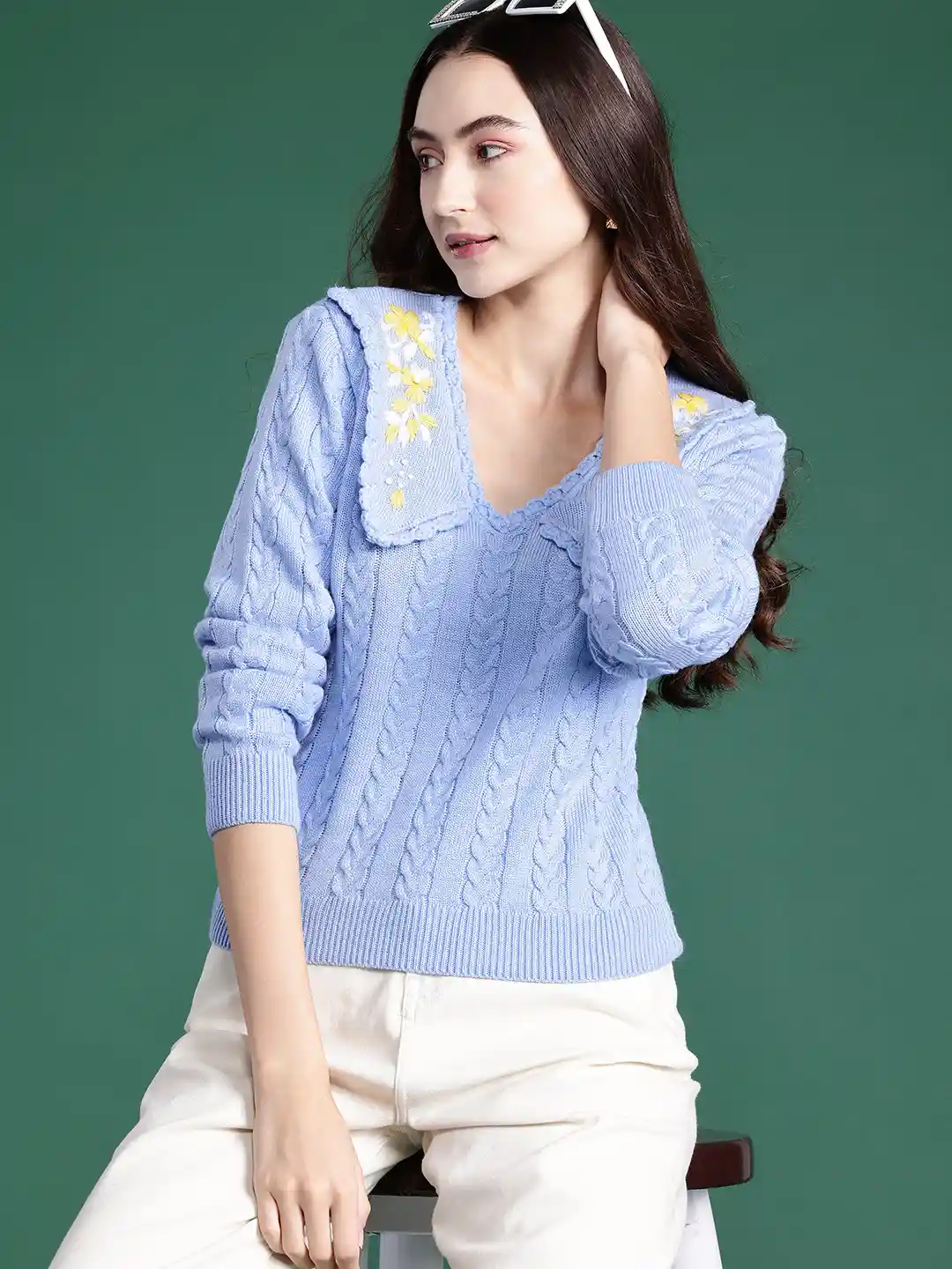 Buy DressBerry Floral Embroidered Cable Knit Acrylic Pullover