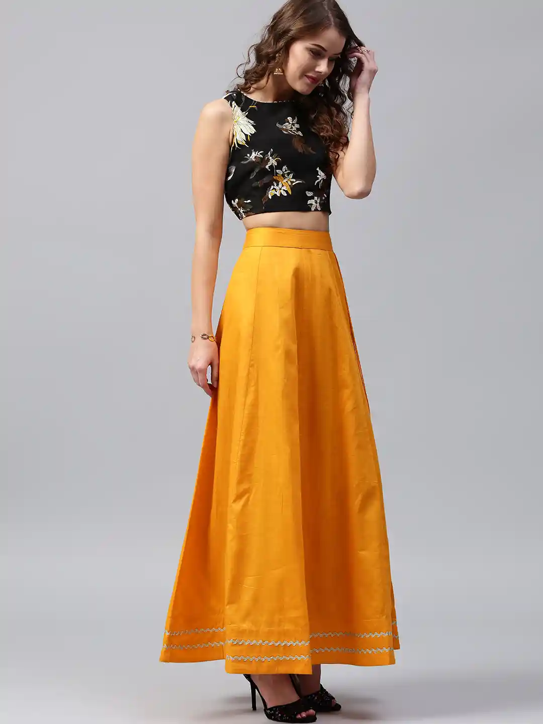 Buy SASSAFRAS Women Black Mustard Yellow Printed Crop Top with