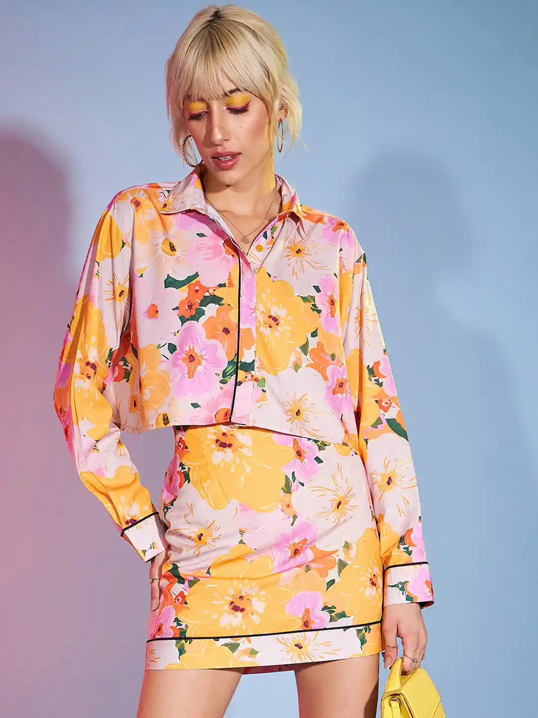 Buy SASSAFRAS Yellow Floral Printed Crop Shirt With Mini Skirt Co
