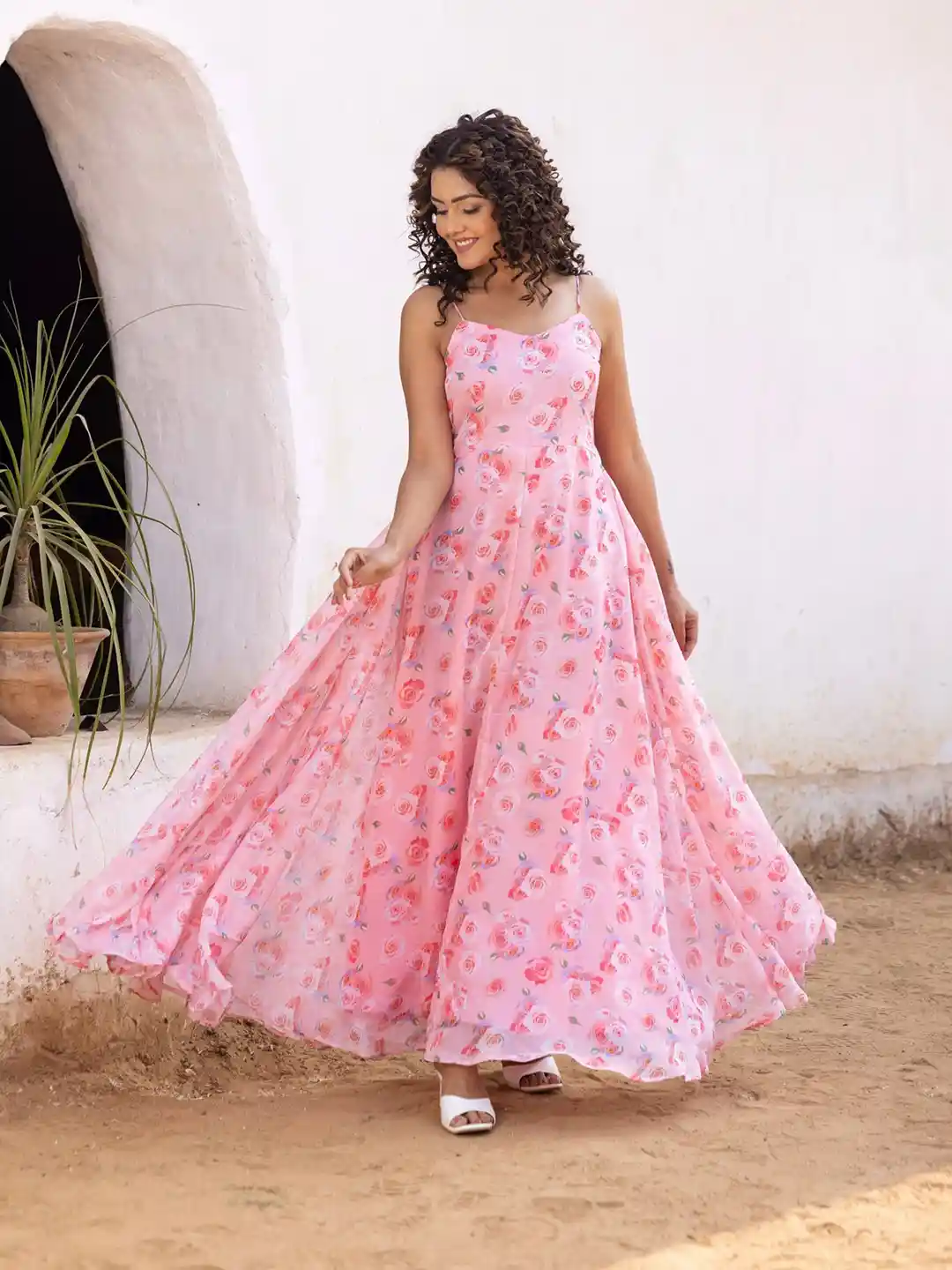 Buy OneWe Floral Printed Lace-Up Satin Fit Flare Maxi Dress
