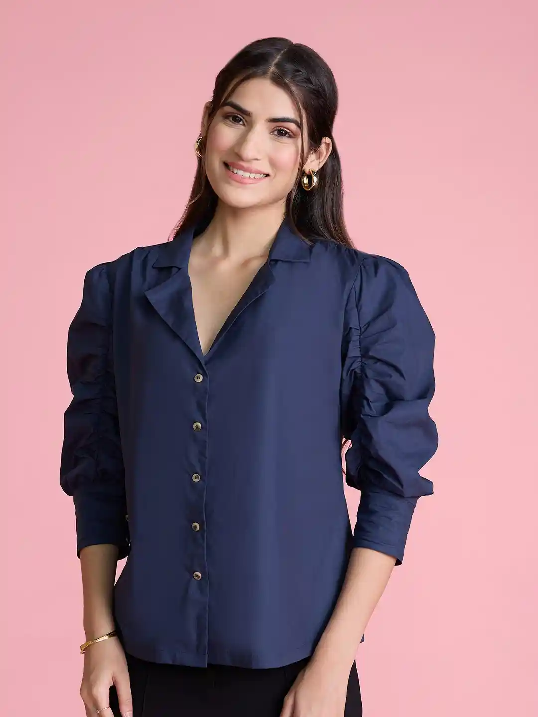 Buy 20Dresses Navy Blue Ruched Puff Sleeve Pure Cotton Formal