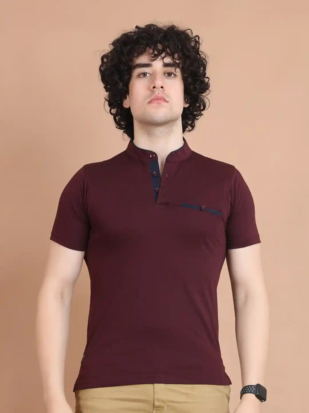 Buy berry blues Half Sleeve Mandarin Collar Cotton T-shirt