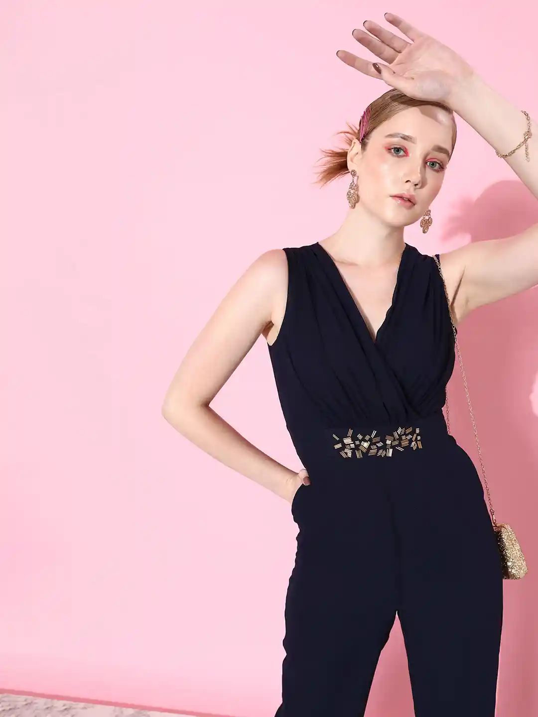 Buy QUIERO Navy Blue Basic Jumpsuit with Embellished Details