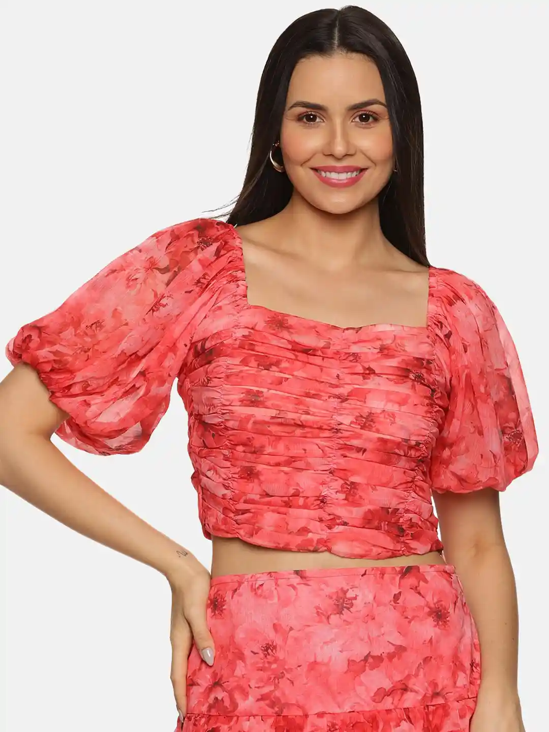 ISU Floral Print Puff Sleeve Chiffon Crop Top