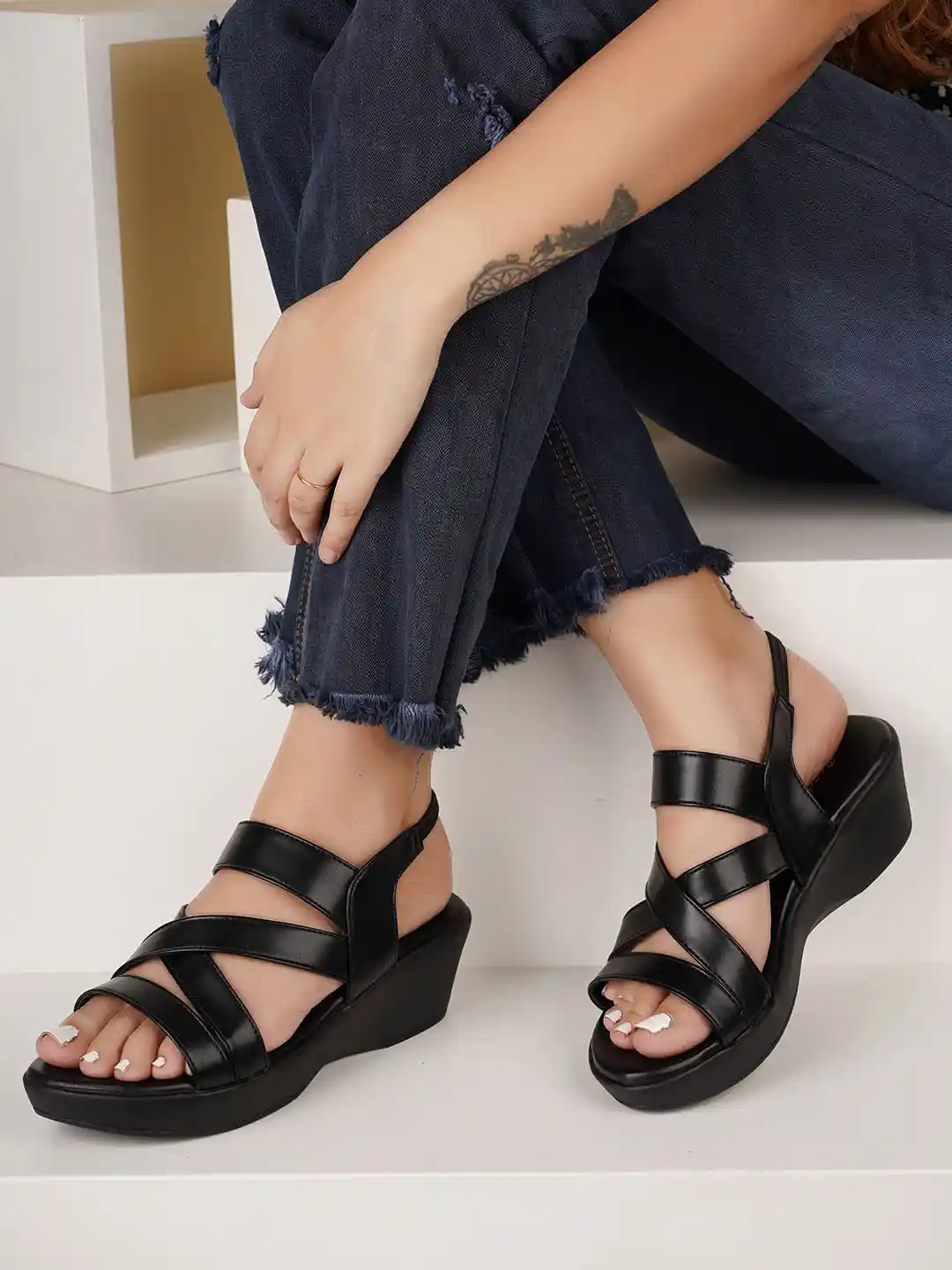 Ankle Strap Ladies Black Wedges Size Womens Hollow Out Sandals