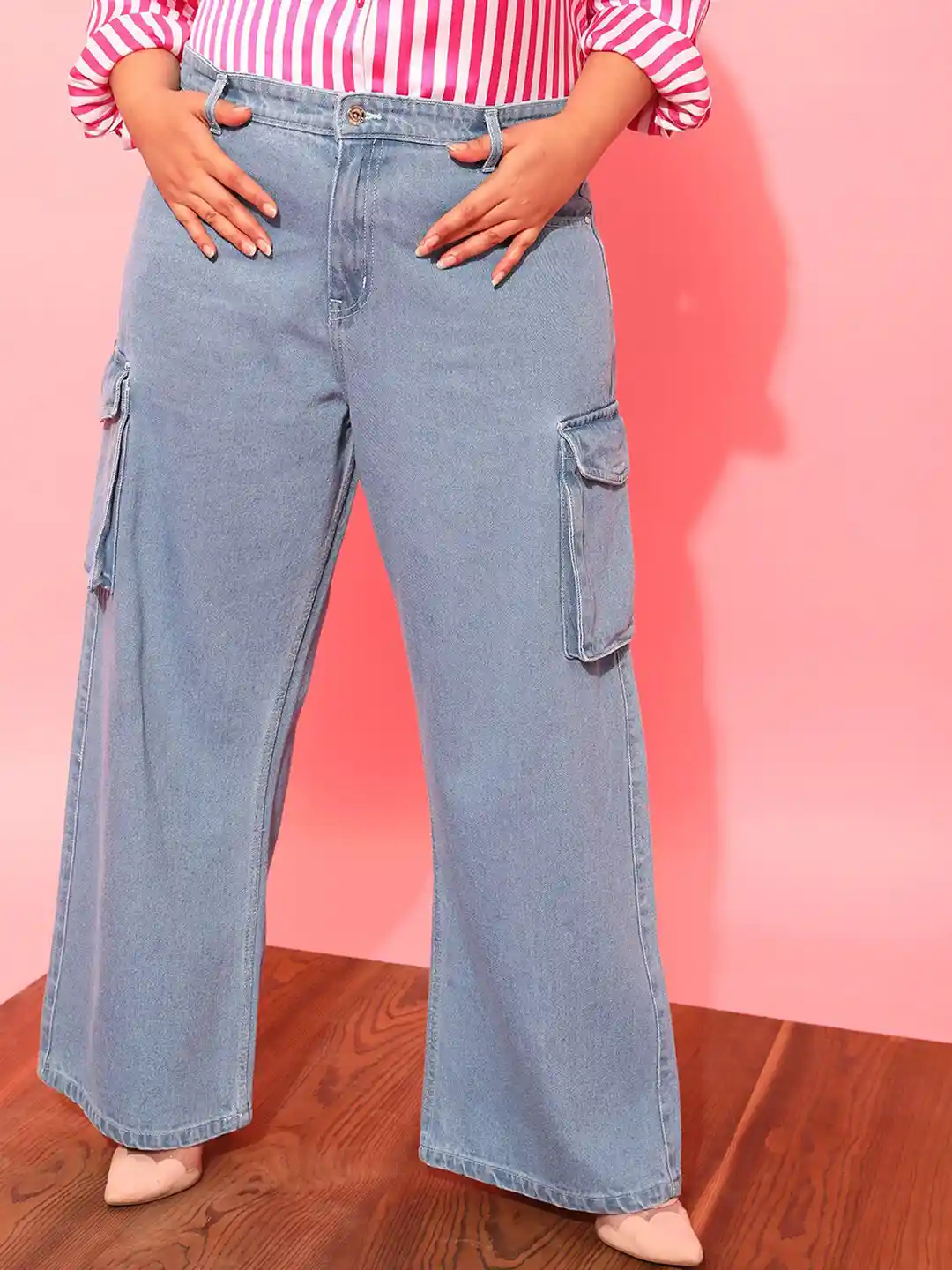 CURVY STREET Women Plus Size Blue Jean Wide Leg Pure Cotton Cargo Jeans