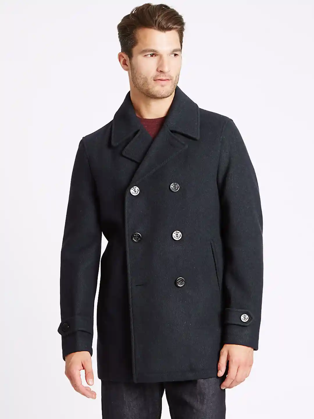 Buy Marks Spencer Navy Solid Double-Breasted Longline Pea Coat