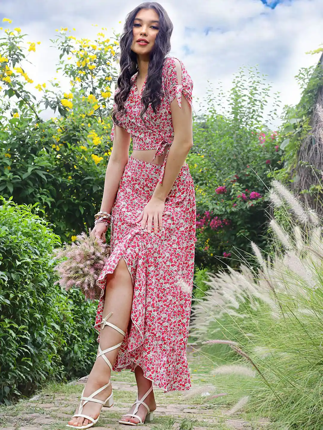 Sera Fuchsia Pink Floral printed Wrap Top With Skirt Co-Ords