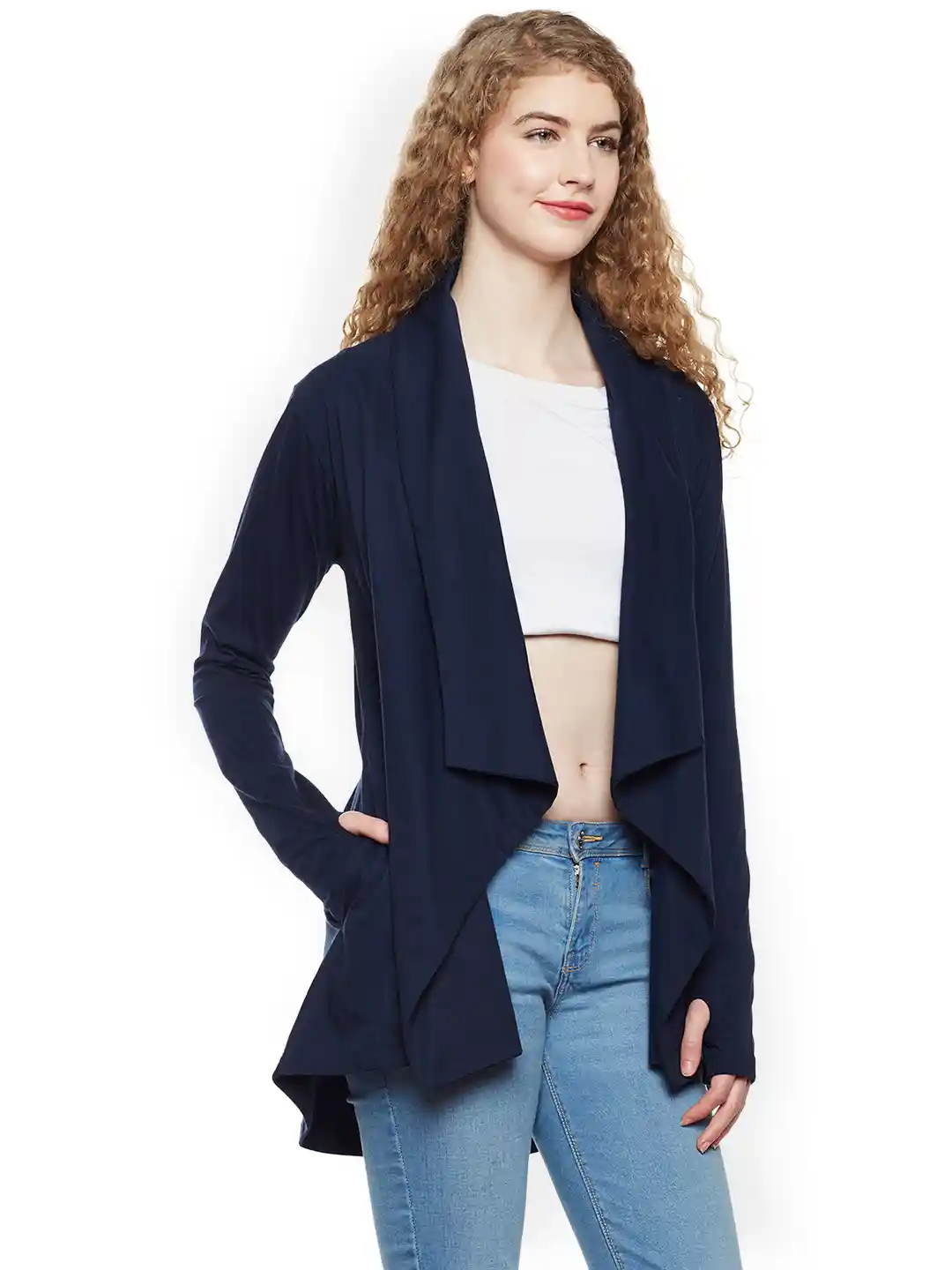 Buy Hypernation Navy Blue Solid Open Front Shrug Shrug for Women