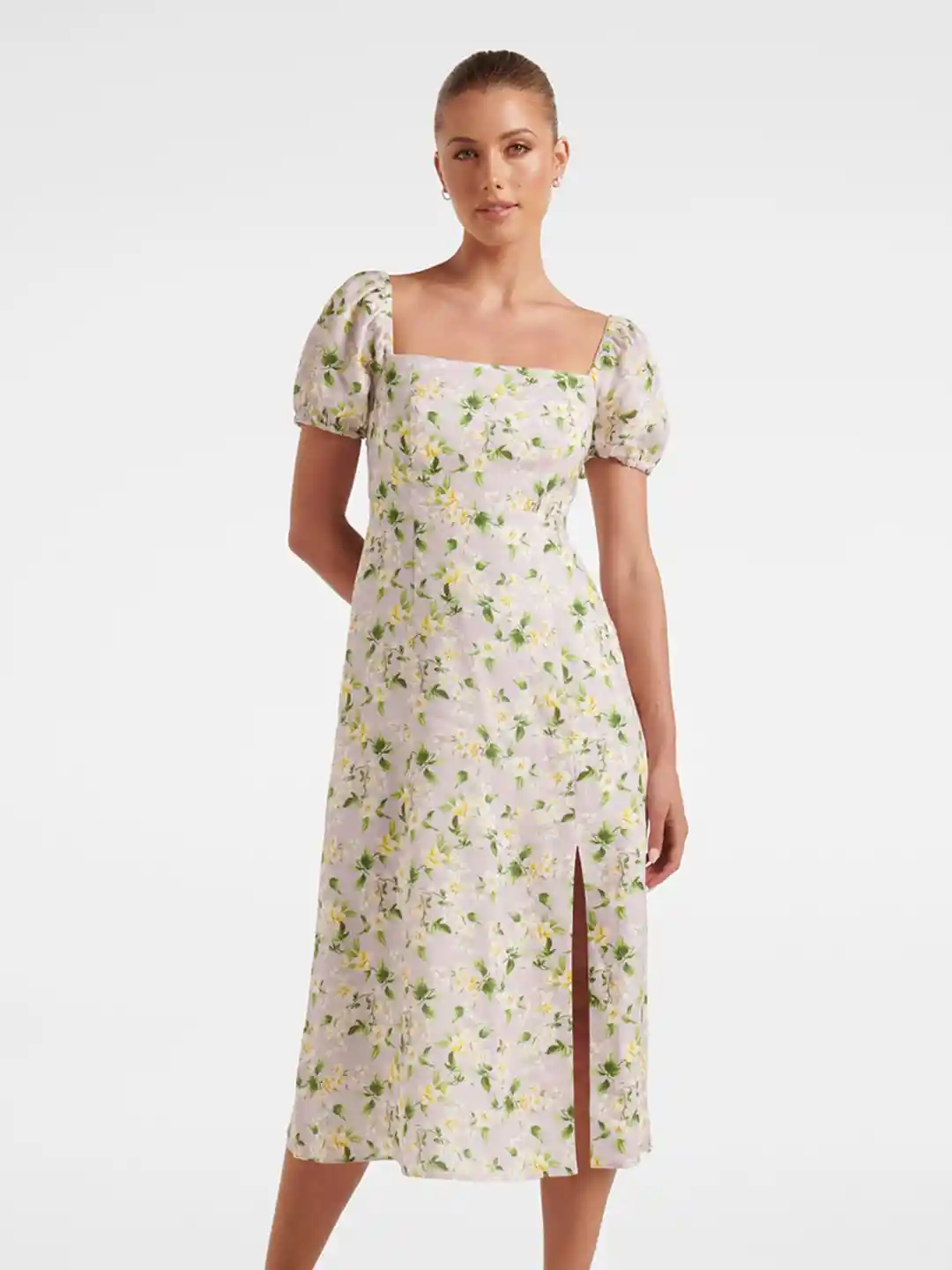 Buy Forever New Floral Print Puff Sleeve Linen A-Line Midi Dress