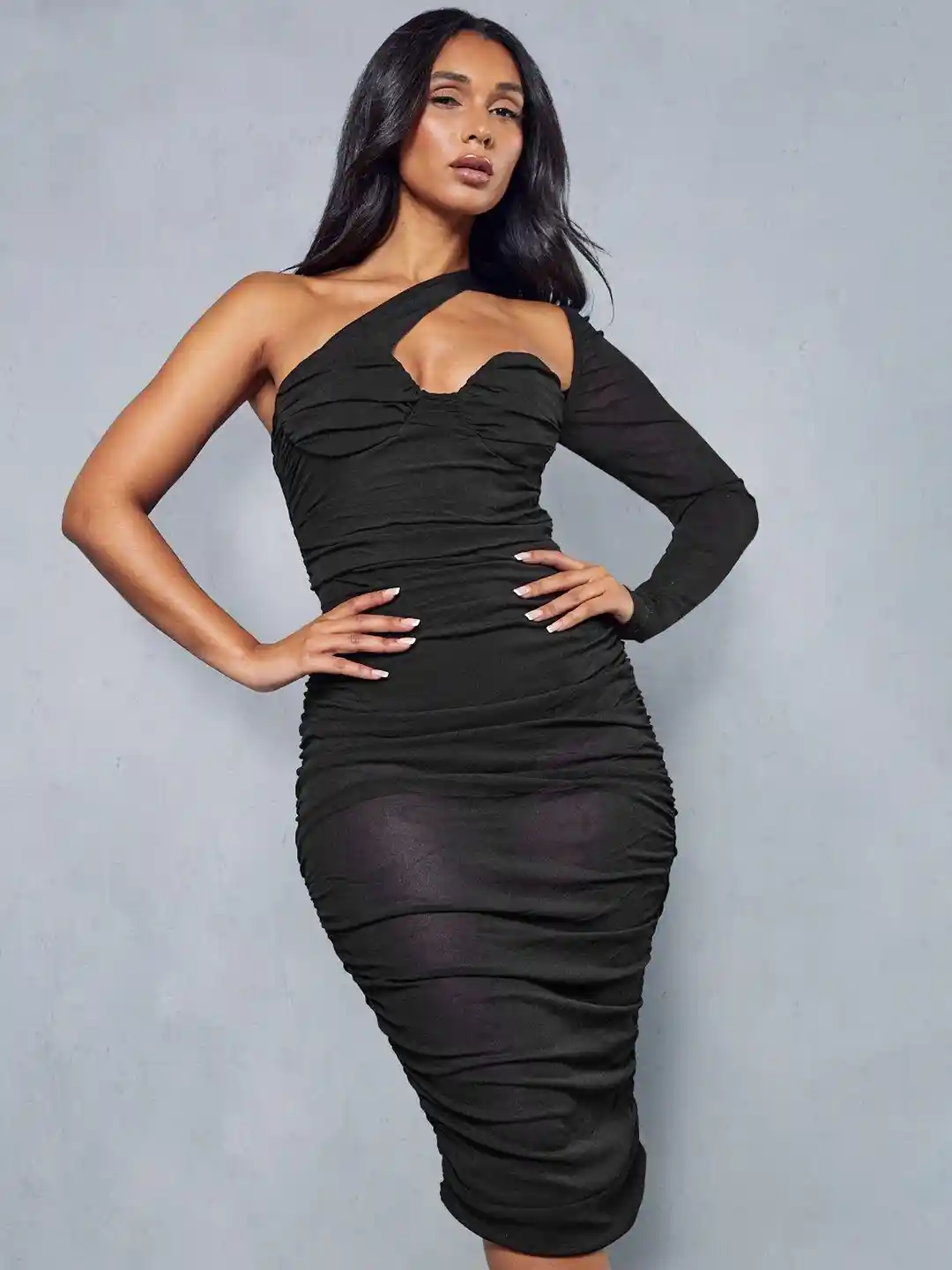Buy MISSPAP One-Shoulder Ruched Sheer Bodycon Dress With Attached