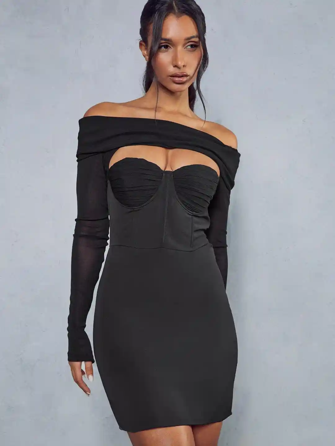Buy MISSPAP Off-Shoulder Mesh Corset Overlay Sheath Mini Dress - Main Image