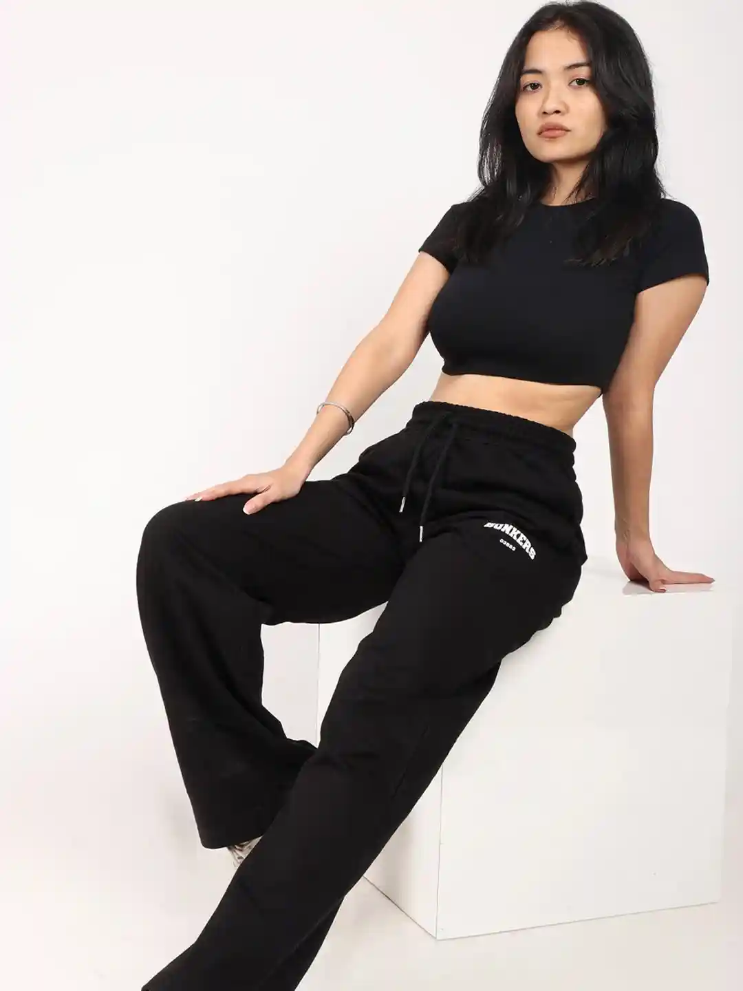 Buy Bonkers Corner Women Black Mid-Rise Wide Leg Track Pants