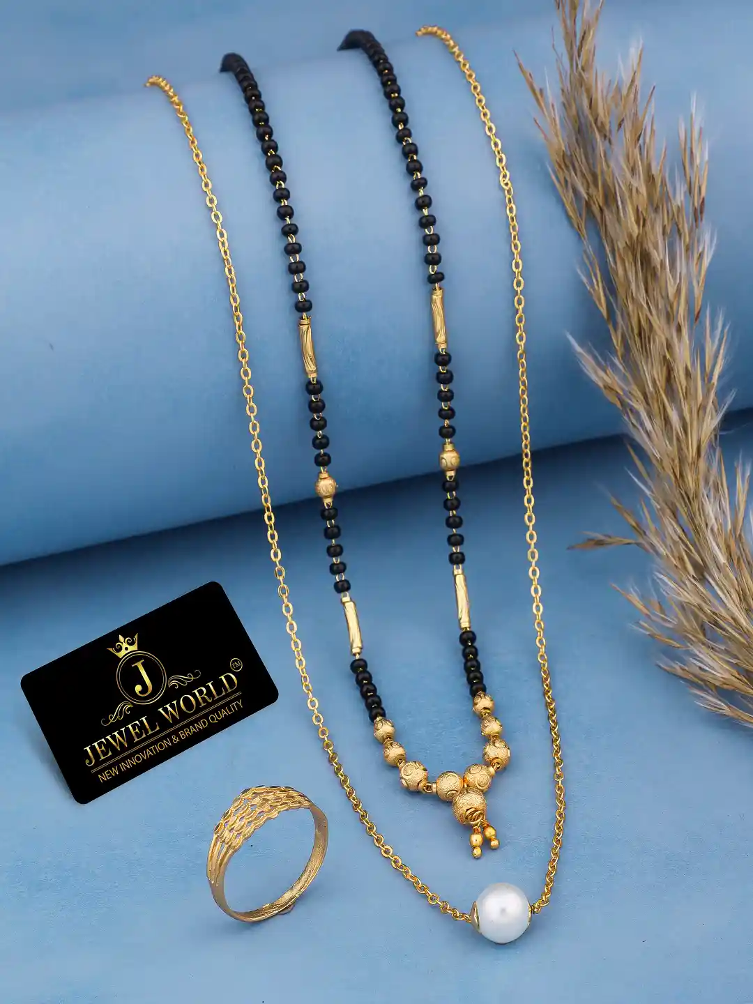 JEWEL WORLD Set Of Gold-Plated Beaded Mangalsutra Chain With Ring