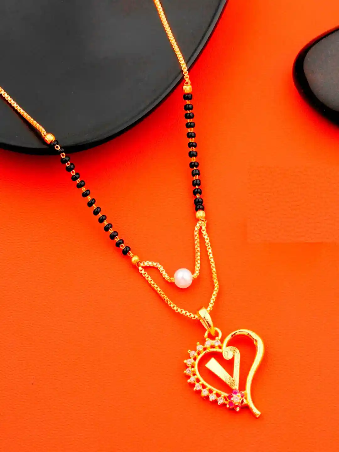 JEWEL WORLD Gold Plated Black Beaded V-Letter Mangalsutra